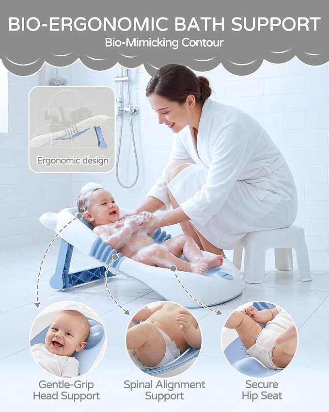 ISELECTOR Baby Bath Support Foldable Baby Bathtub Bath Tub for Newborn Infant Baby Bath Seat with Non-Slip Suction Cup 0-6 Months Infant Essentials Must Haves Ideal for Newborn Gifts (Blue)