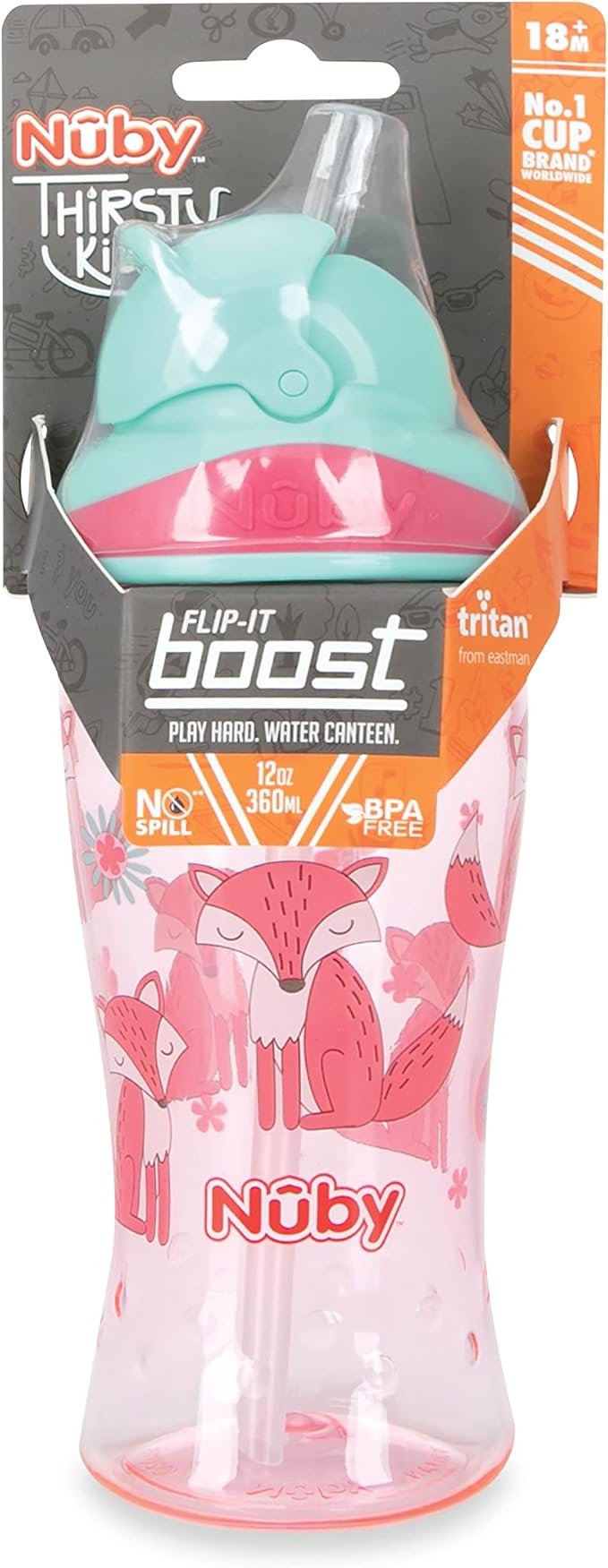Nuby Thirsty Kids No-Spill Flip-it Printed Boost Cup with Thin Soft Straw - 12oz, 18+ Months, 1 Pack Print May Vary