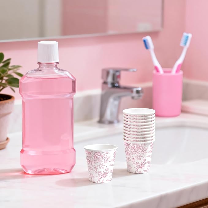 WRAPAHOLIC 3oz Paper Cups - 100 Pack Disposable Bathroom Cups with Toile Red Floral Design, Small Mouthwash Cup for Toothbrush Rinse, Home Bathroom, Picnic, BBQ, Travel and Party