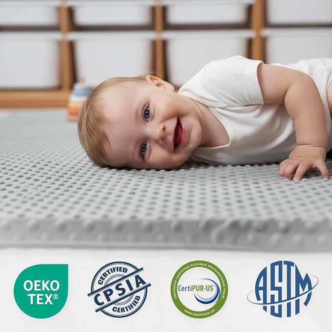 Baby Floor Play Mat for Playpen, Extra Thick 71x59 Inches Padded Mat with Ultra Soft 3D Minky Dot & Removable Washable Cover, Non-Slip & Safe for Crawling,Tummy Time,Infant/Toddler (Grey)