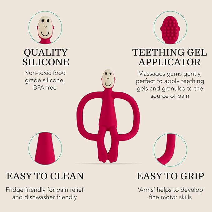 Matchstick Monkey Original Teether & Gel Applicator ??Silicone Baby Teether, Easy-to-Grip, BPA-Free, Supports Self-Soothing & Early Brushing, 3 Months+, 4 Inches, Rubine Red