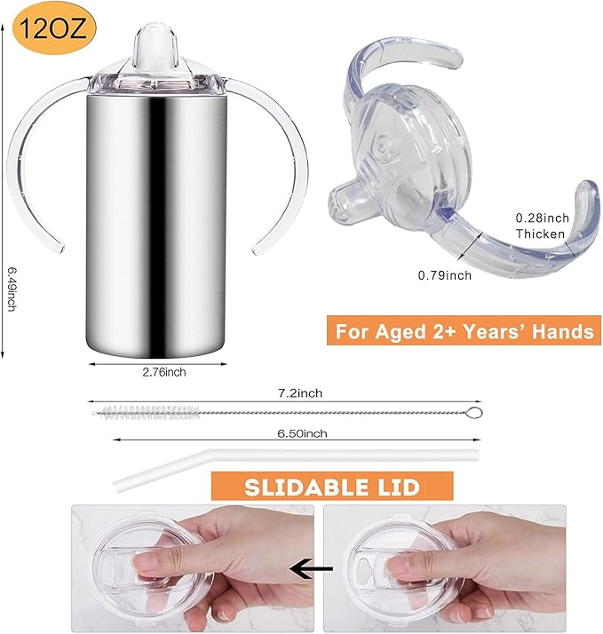 12oz Stainless Steel Sippy Cups for Toddlers with Handles, Spill Proof Double Wall Vacuum Insulated Sippy Cups, Kids Straw Cups with Extra Lids for School, Outdoor