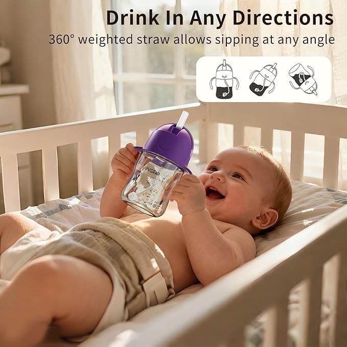 Evorie Tritan Weighted Straw Sippy Cup with Handles for Baby and Toddlers, Spill Proof Baby Water Bottle with Straw for 6 Months and up, 7 Oz, Infant Training Water Bottle (Ube)
