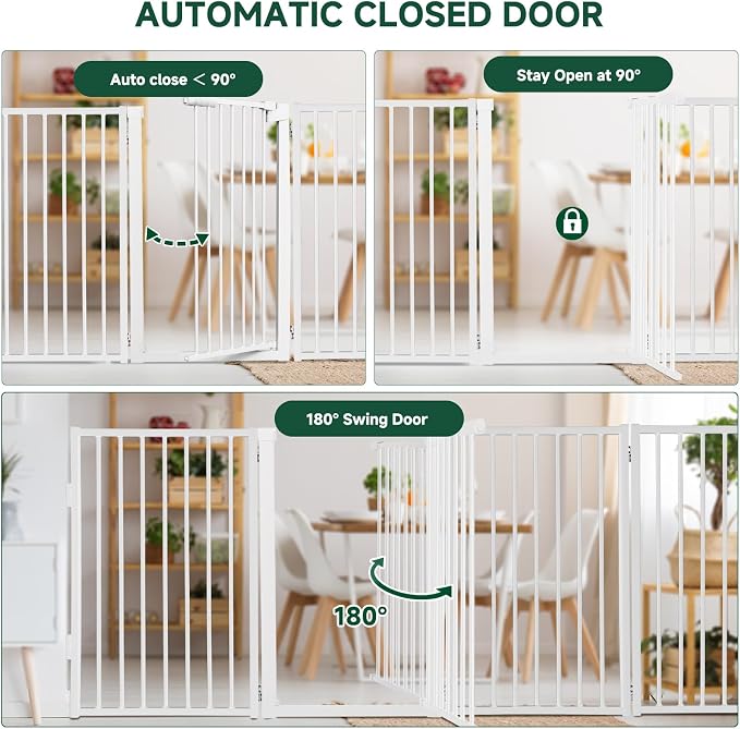 Snagle Paw Metal Freestanding Dog Gate with Door,80” W x 36” H Dog Fence with Support Feet for Doorways, Stairs and Hallways, Portable Pet Gate for Indoor Use (4 Panel, White)