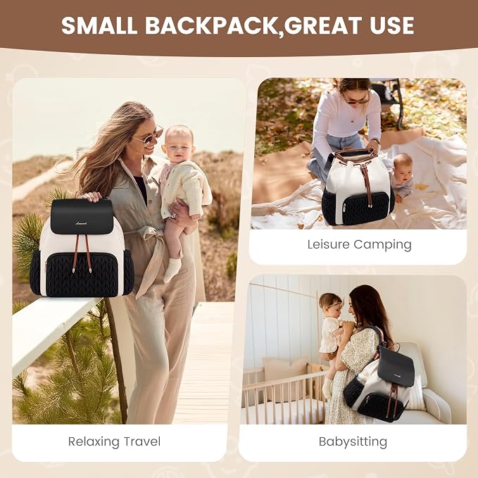 LOVEVOOK Diaper Bag Backpack, Small Baby Bag, Cute Baby Diaper Bag, Stylish Water-Resistant Travel Baby Bag for Mom, Baby Backpack with Changing Pad, Stroller Straps -Black Beige