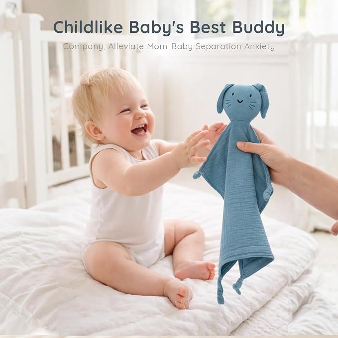 Organic Cotton Muslin Bear & Bunny Lovey Blanket for Newborns, Soft & Breathable Security Blanket for Babies, Ideal Self-Soothing Solution (Bunny-Blue)