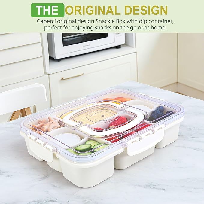 Caperci 2 Pack Snackle Box Container with 2 Sauce Cups - Large 8-Compartment Divided Serving Tray with Lid & Handle, Portable Snack Tray for Travel, Leak-Proof, Dishwasher Safe, BPA-Free (Set of 2)