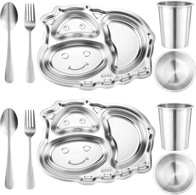 Jinei 10 Pieces Kids Stainless Steel Utensils Set Include 2 Cow Shaped Plates, 2 Bowls, 2 Cups, 2 Spoons, and 2 Forks, Stainless Steel Dinnerware Set for Toddler Utensils Silverware