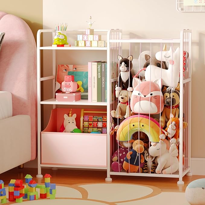 BBLIKE Kids Bookshelf and Toy Storage Organizer, Stuffed Animal Storage Holder with Fabric Toy Chest, 2-Tier Toddler Book Shelf for Kids Room, Playroom, Nursery, Pink