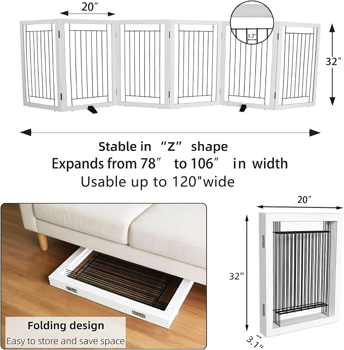 Dog Fence Indoor - 6-Panel Freestanding Dog Gate for Doorways, Hallways, House or Stairs -120x32-Inch Retractable Foldable Expandable Wood Pet by SFJC (White)