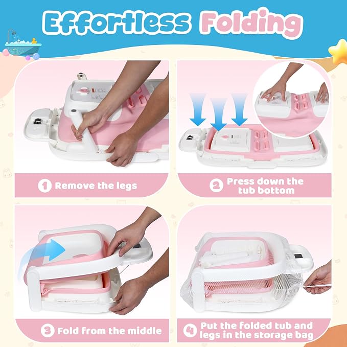 Orzbow Collapsible Baby Bathtub, Large Baby Bath Tub for Newborn with Soft Cushion & Thermometer, Travel Portable Baby Tubs for Infants to Toddler 0-36 Months, 28x16.9 inches, Pink