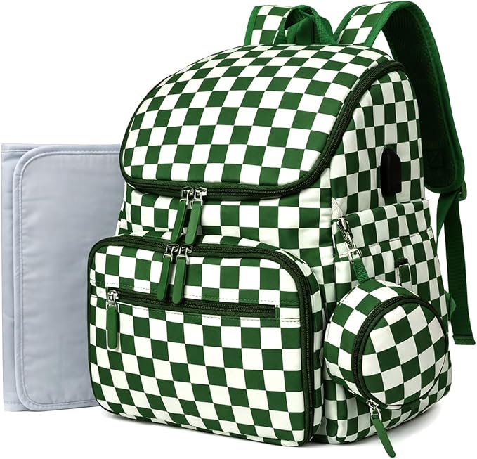 FHELAD Checkered Diaper Bag Backpack with Changing Pad & Stroller Clips, Large Travel Baby Diaper Bag for Newborn Moms, Baby Shower Gifts (Dark Green)