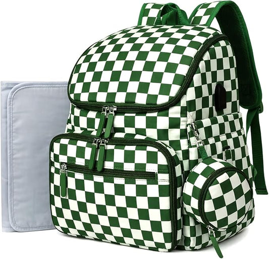 FHELAD Checkered Diaper Bag Backpack with Changing Pad & Stroller Clips, Large Travel Baby Diaper Bag for Newborn Moms, Baby Shower Gifts (Dark Green)