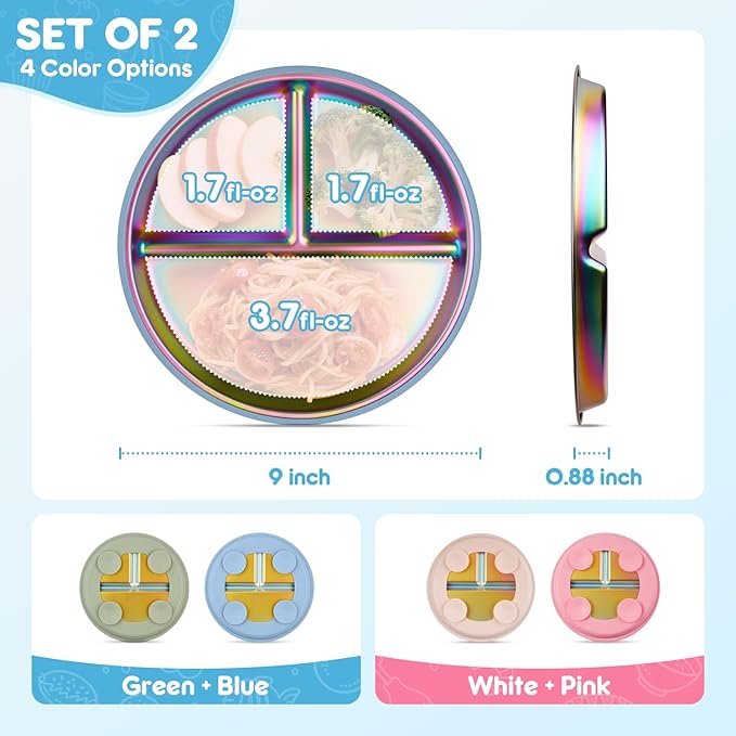Stainless Steel Toddler Plates with Suction, 9" BPA-Free Rainbow Baby Plates 2pcs with Removable Food-Grade Silicone Base, Divided Kids Plates Dishwasher Safe, Blue & Green