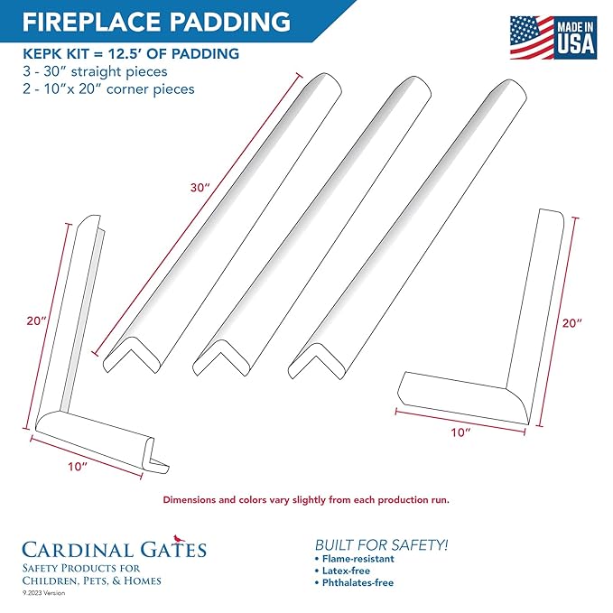 Cardinal Gates KEPK Large Hearth Pad Kit - Fireplace Baby Proofing - Adhesive Backed Fireplace Bumpers for Babies - 12.5 Feet of Padding with 3 Straight Pieces & 2 Corners - Made in The USA - Black