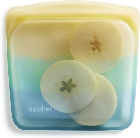 Stasher Silicone Reusable Storage Bag, Sandwich Bag, Reusable Freezer Bags, Microwave, Dishwasher, Oven Safe, Sous Vide, Lunch Container, Eco Friendly, Leak-free, Food Storage Bags, 28 oz, Yellow Sea