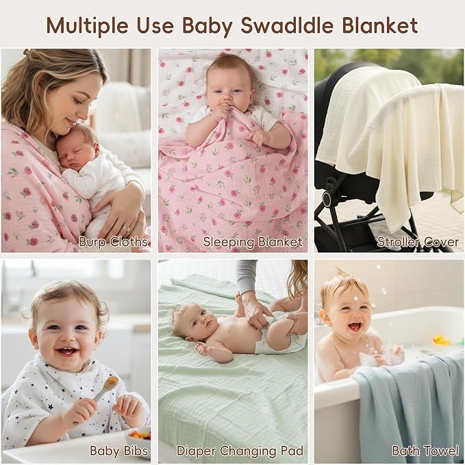 david's kids 4 Pack Baby Muslin Swaddle Blankets 47" x 47", 100% Cotton Swaddle Wrap for Boys Girls, Ultra Soft Breathable Receiving Blanket for Newborns, Dusty Blue & Sage Green & White Cap & Grey
