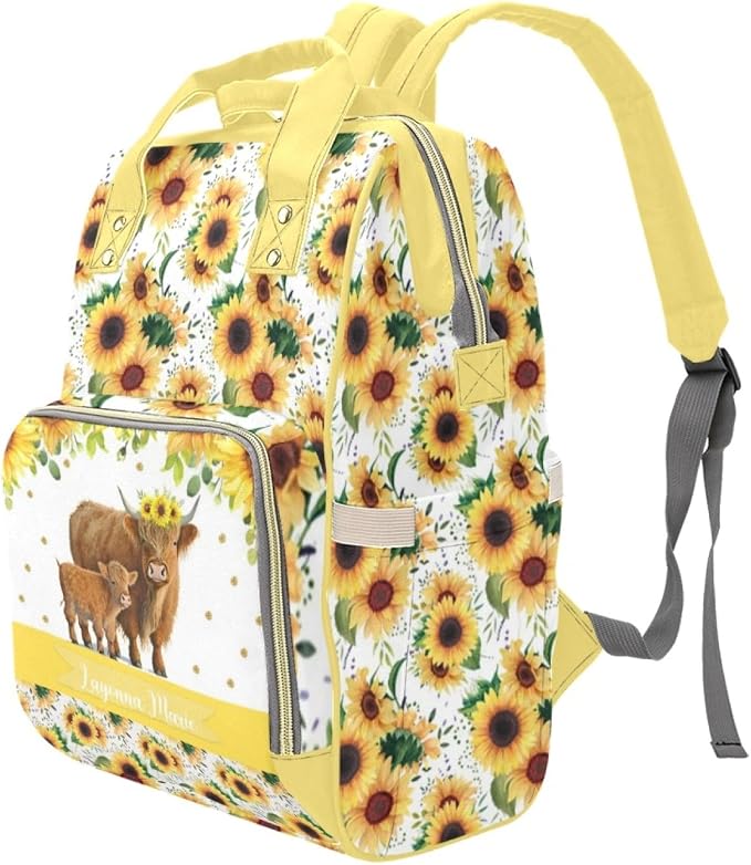 Custom Sunflower Cow Diaper Bag for Women, Personalized Name Multifunction Nylon Nursing Mommy Daypack with Large Capacity for Travel, Birthday Mother Gift