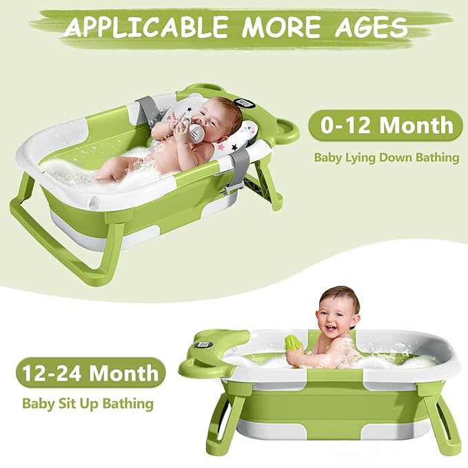 MoreFeel Collapsible Baby Bathtub for Newborn with Thermometer & 1 Hooded Towel & 1 Soft Floating Cushion,Portable Travel Bathtub with Drain Hole, Durable Foldable Baby Tubs for Infants to Toddler