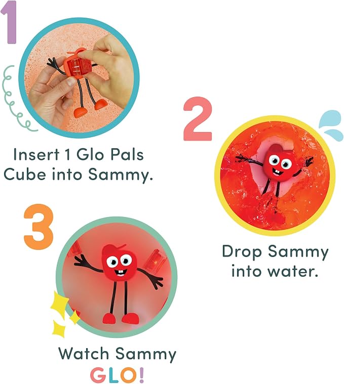 Glo Pals Water-Activated Light-Up Sensory Bath Toy Character and 6 Cubes for Bathtime and Sensory Play, Sammy, Glows Red