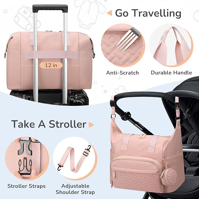 Tenot Diaper Bag Tote with Pacifier Case, Baby Bag for Women with Shoulder Straps, Travel Diaper Tote for for Mom and Dad Pink