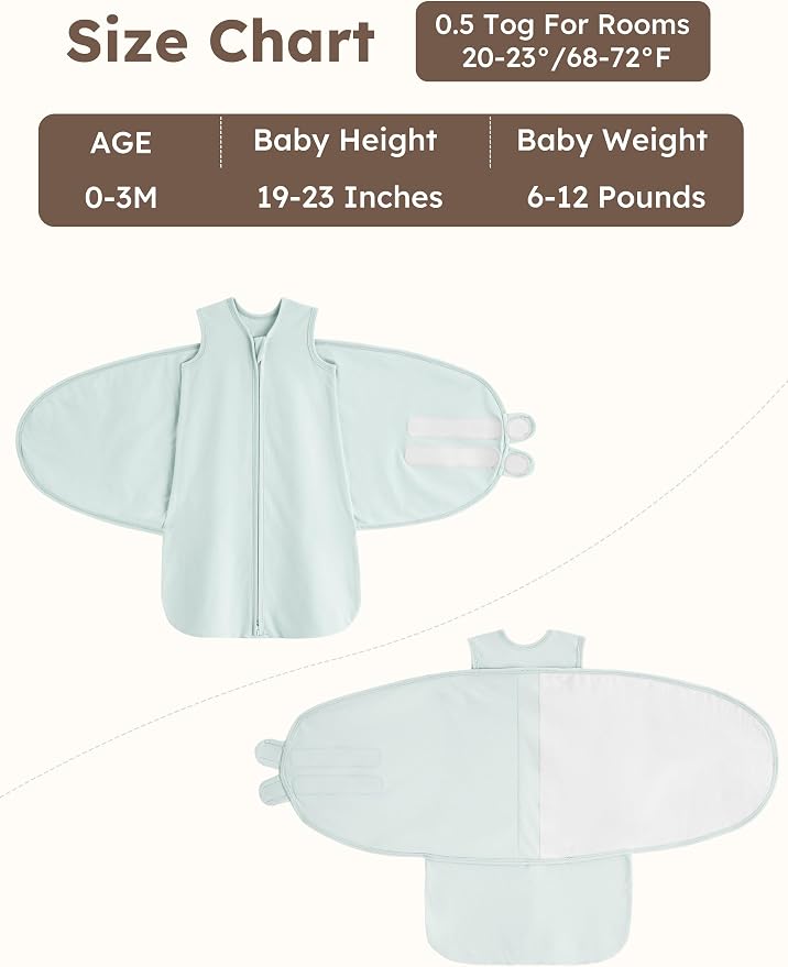 Unnivoll Newborn Sleep Sack Swaddle 100% Cotton Baby Swaddle 0-3 Months, 3-Way Adjustable Wearable Blanket, TOG 0.5, 2 Pack for Baby Boy Girl White Green Excavator