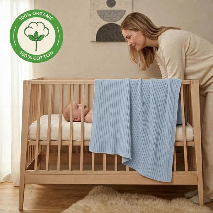 100% Organic Cotton Knit Receiving Baby Boy Blanket for Newborns - Soft, Breathable Swaddle Blanket for Crib & Stroller - Nursery Gift(Ribbed Baby Blue)