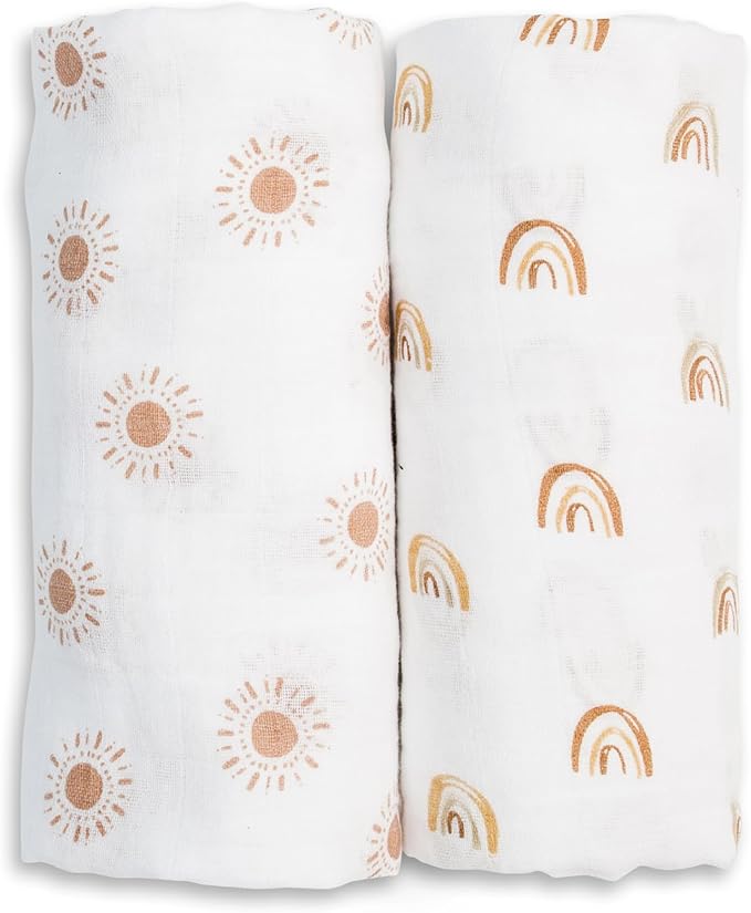 Lulujo Baby Swaddle Blankets | Unisex Softest Breathable Cotton Muslin Swaddle Blanket Set | Neutral Receiving Blanket for Girls & Boys | 40in x 40in | Rainbows & Suns | 2-Count