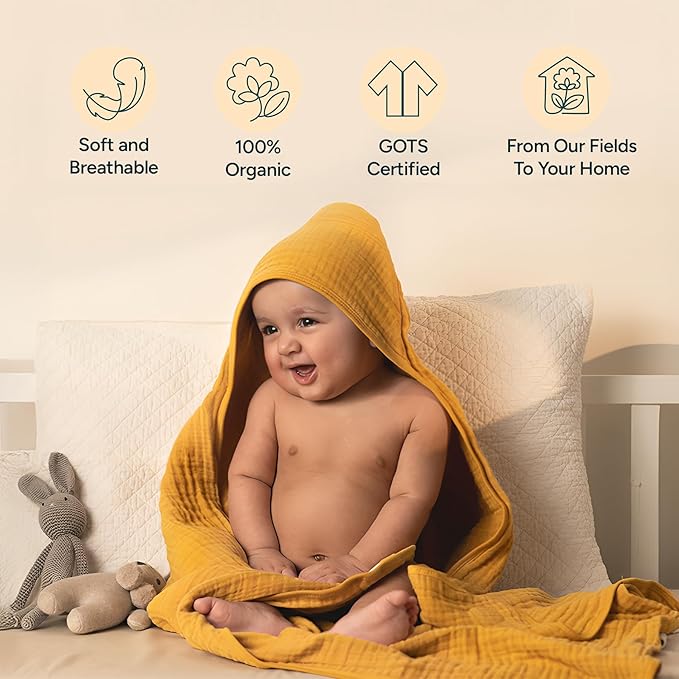 Hands-Free Hooded Towel - 100% Organic Premium Muslin Cotton, 30" x 30", Ultra-Absorbent, Soft, Breathable, Hypoallergenic, Multipurpose, Gifts for Babies & Infants