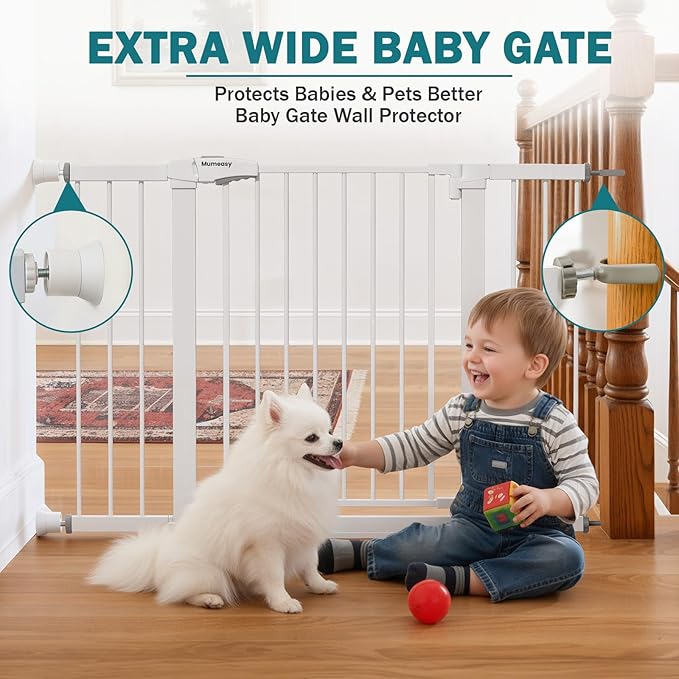 Mumeasy 29.7??8" Baby Gate for Stairs, Dog Gate for Doorways, Auto Close Child Gate, Indoor Safety Pet Gate with Walk Thru Door, Easy Install Pressure Mounted Extra Wide Gate for Kitchen, House,White