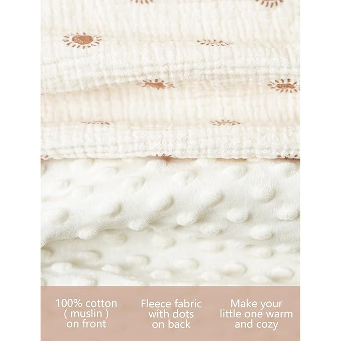 Konssy Baby Blankets for Unisex Boys Girls, Super Soft Nursery Minky Blankets with Muslin Cotton Front and Dotted Fleece Backing, Printed Bed Throws Newborn