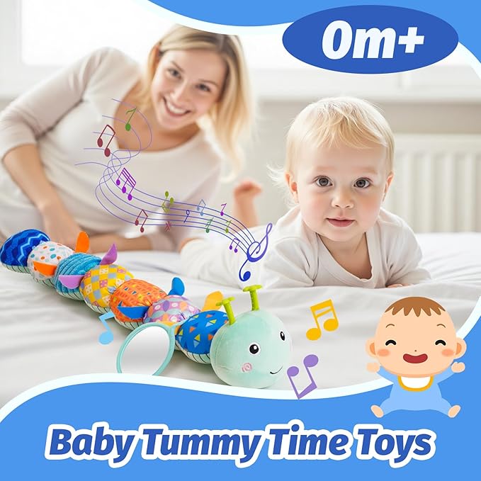 Baby Toys 0-6 Month, Musical Caterpillar Baby Rattle, Plush Sensory Toy with Mirror, Crinkle Textures, Newborn Developmental Tummy Time Stuffed Animal for Infants Boys Girls 6-12 Months (Blue)