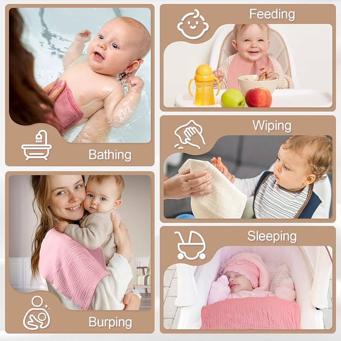 MUKIN Baby Washcloths,Muslin Burp Cloths Towels for Newborns,Absorbent Cotton Bath Face Towel ，5 Pack, 12x12 Inches (Rosy Embrace)