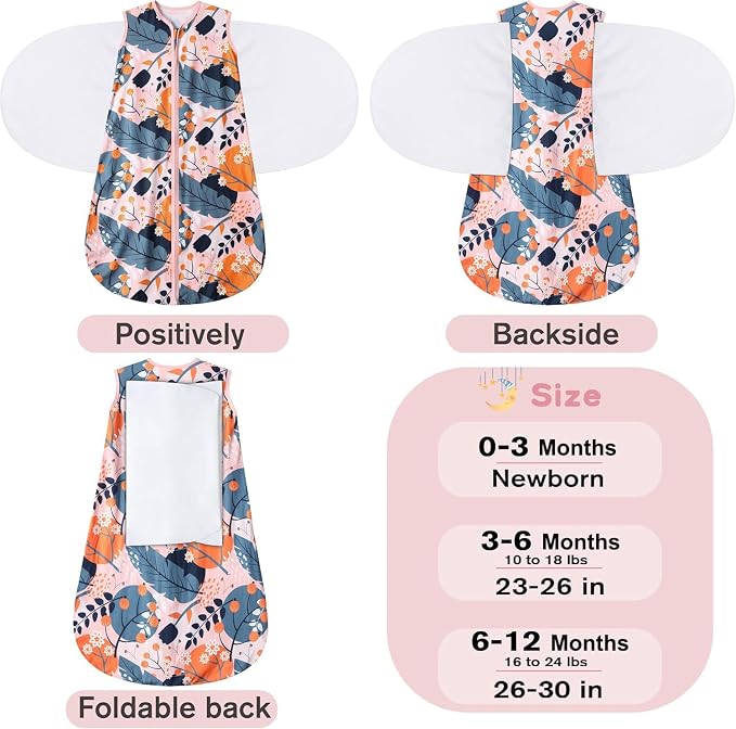 BSTOPPT Newborn Sleep Sack Baby Swaddle,3-Way Adjustable Wearable Blanket,100% Rayon Cotton Swaddling Sleeping Bag，TOG 0.5 (Gerbera & Tulips, 6-12 Months)
