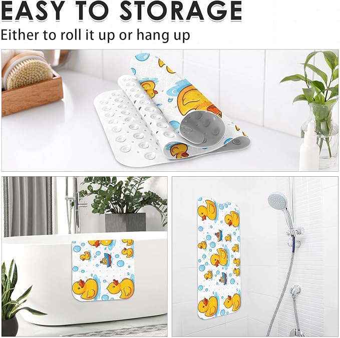 Rubber Duck Yellow Bathtub Shower Mat Nautical Cute Non-Slip Tub Extra Long Bath Floor 40X16 Inch Machine Washable for Bathroom Tub Bath Mat for Toddler and Baby
