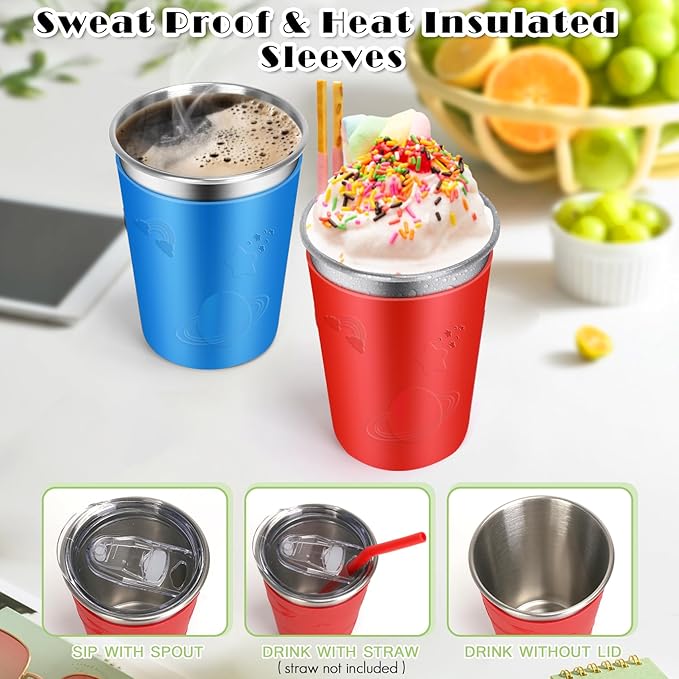 ShineMe Stainless Steel Cups for Kids, 2 pack Kids Cups with Lids and Cute Space Character Sleeves, 12oz No Spill Cups for Toddlers Reusable & Unbreakable
