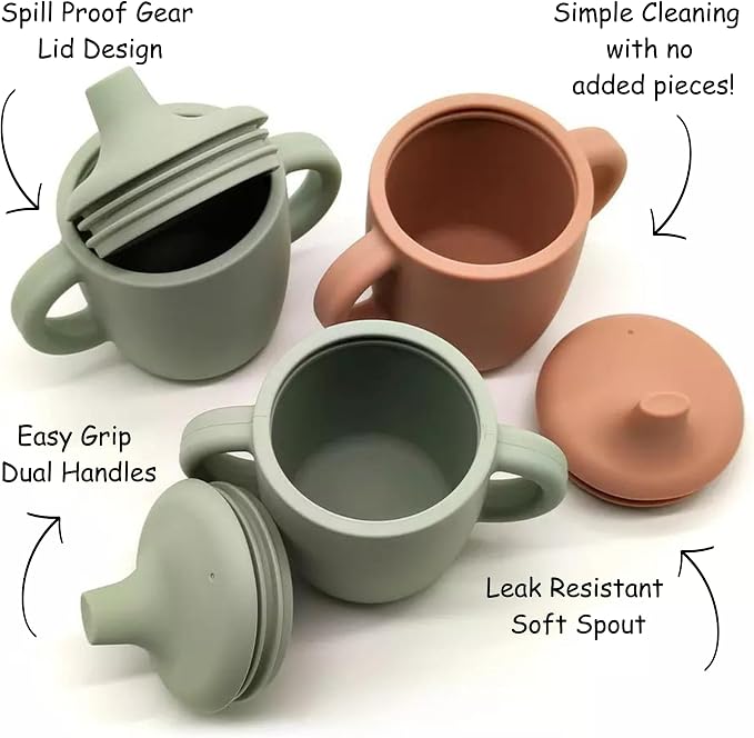 KIDSco. Silicone Sippy Cups with Easy Grip Transition Handles, a Soft Spout and Straw. A Non Toxic No Spill Unbreakable Training Cup. 5oz/150ml |Sandy Shore and Green|