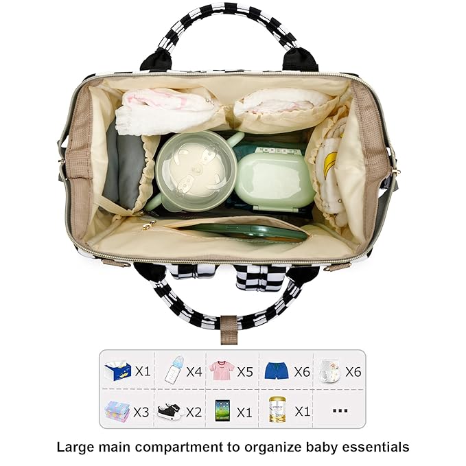 Checkered Diaper Bag Backpack for Baby Girls, Mom Waterproof Large Nappy Bags for Women