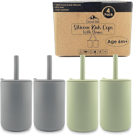 Silicone Toddler Smoothie Cups with Straw, Unbreakable Training Cup with Straw for Babies and Toddlers for less mess, BPA-Free Silicone Baby cup, 6+ Month, 6oz, 4 pack Green/Grey