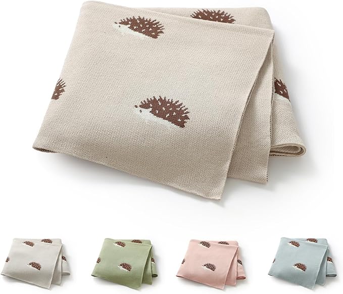 Opewod Baby Blanket 100% Cotton Baby Swaddle Blanket Knit Soft Cozy Lightweight Unisex Receiving Stroller Quilt Blanket with Cute Hedgehog 30x40 Inch Light Camel