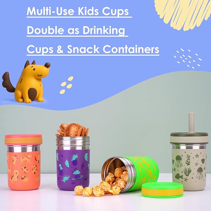 Sursip Toddler Kids Cups with Lids and Straws, Stainless Steel Toddler Sippy Cups Kids Tumbler with Silicone Straws for Smoothie, Drinking, Snacks, BPA-Free, Dishwasher Safe - 10 oz (4 Packs)