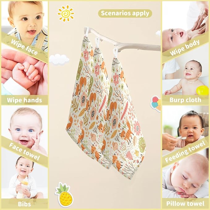vvfelixl Baby Washcloths Cotton Foxes and Flowers Flesh Colored Baby Muslin Washcloths Soft Baby Face Towel for Newborn Infants Baby Wipes, 11.8 X 11.8 Inch, 5 Pack