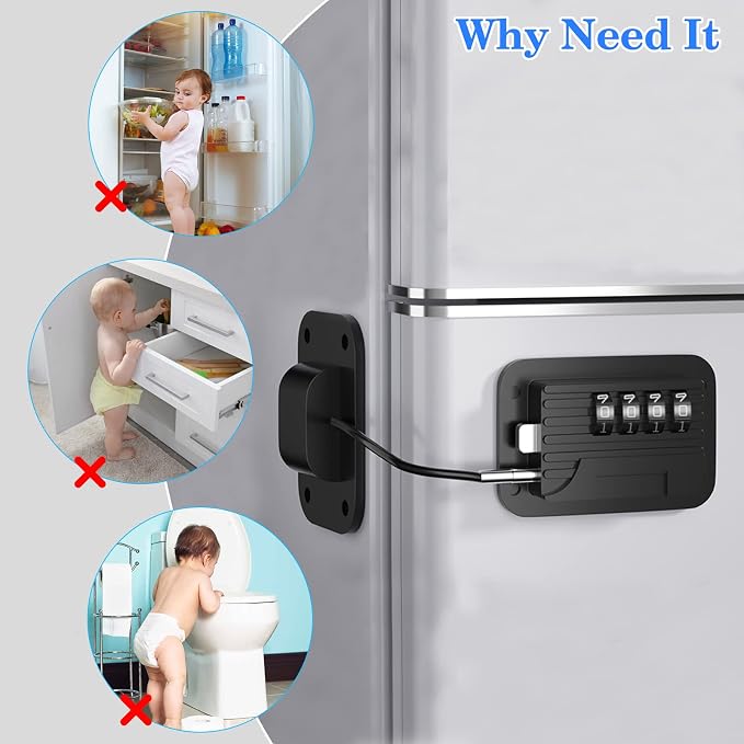 Fridge Locks with Code for Refrigerator, Cabinets, Freezer, Drawers, Wardrobes, Closets, Windows, Freezer Doors. Child Safety Lock with Combination for Kids and Aldults (Black with Password)