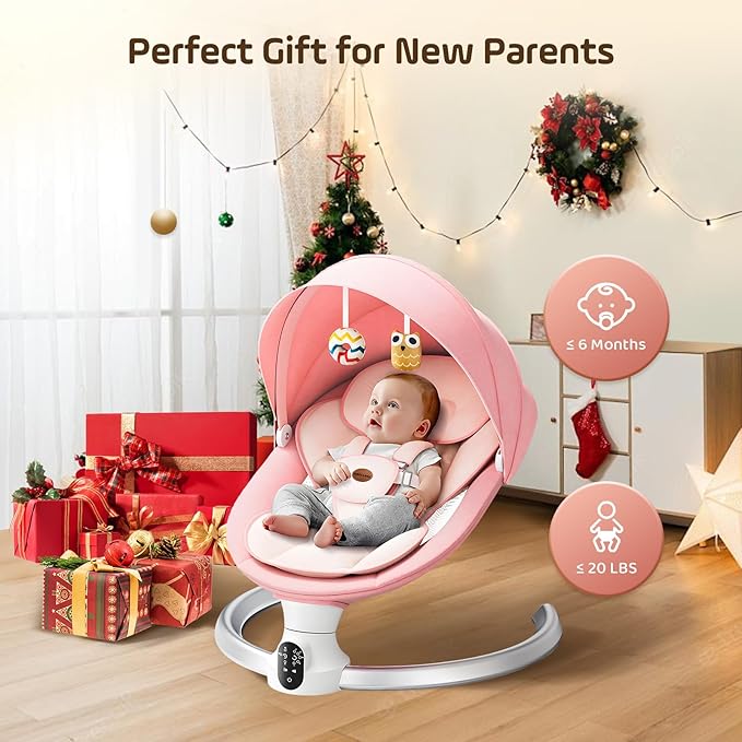 Baby Swing for Infants - Electric Baby Rocker with Exclusive App Function, Upgraded 5 Point Harness, Bluetooth Support, 10 Preset Lullabies and 5 Speeds, Portable Swing for Baby Boy Girl（Pink）