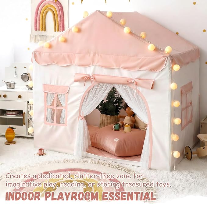 Kids Play Tent with Double Door Children's Playhouse Tents Pink- Portable Fantasy Adventure Castle for Girls, Kids Tent with Mat, House Toys for Girl Birthday, Christmas House Gift