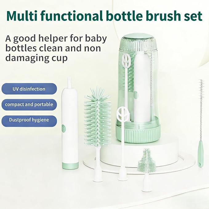 Portable Electric Silicone Bottle Brush Set, 7-in-1 UV Light USB Charging, Nipple/Straw Cleaner, Milk Mixer, Built-in Drying Rack & Storage Case, BPA-Free, IPX7, On-the-Go for New Parents (Mint)