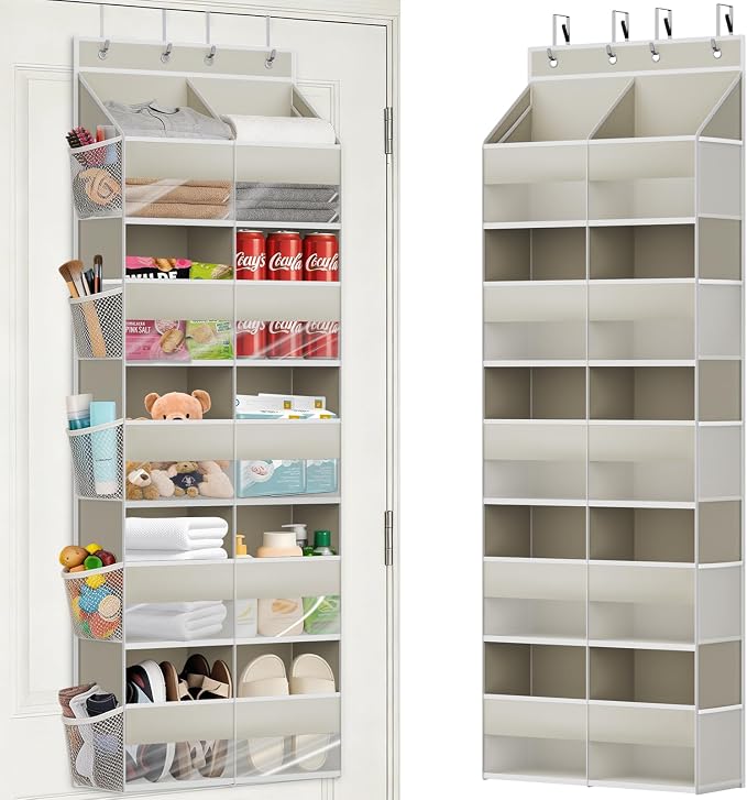 Over the Door Organizer 5 Tiers, Extra Large Behind Door Storage of 10 Big Front 10 Mesh Pockets, 80 lbs Door Organizer Hanging Heavy Duty Over the Door Storag for Closet Bedroom Nursery Pantry Beige