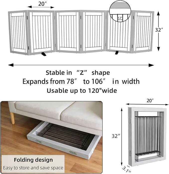Dog Fence Indoor - 6-Panel Freestanding Dog Gate for Doorways, Hallways, House or Stairs -120x32-Inch Retractable Foldable Expandable Wood Pet by SFJC (Grey)