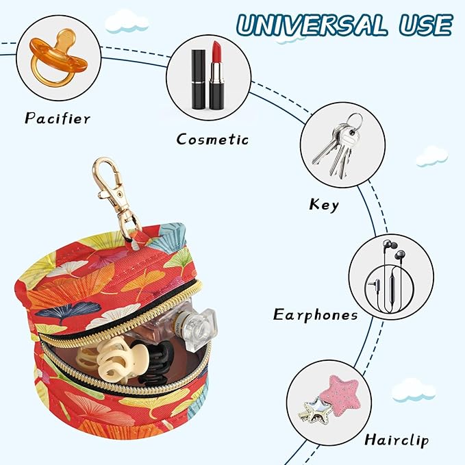Pacifier Holder with Clip Pacifier Case for Diaper Bag Round Baby Pacifier Pouch Box Bag Portable Red Vibrant Ginkgo Leaves