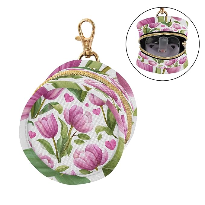 Pacifier Holder with Clip Pacifier Case for Diaper Bag Round Baby Pacifier Pouch Box Bag Portable Romantic Pink Tulips and Hearts